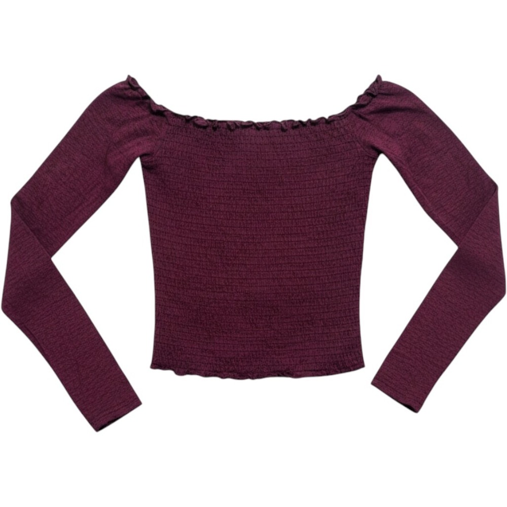 Hollister Y2K LS Ruffle Scoop Neck Top Burgundy Smocked Over the Shoulder
